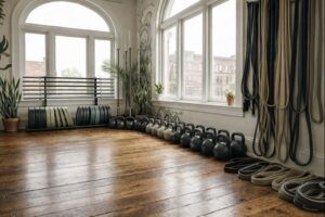 Fitness studio with urban view