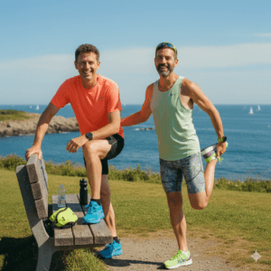 Gemini Runners Stretching at oceanfront race
